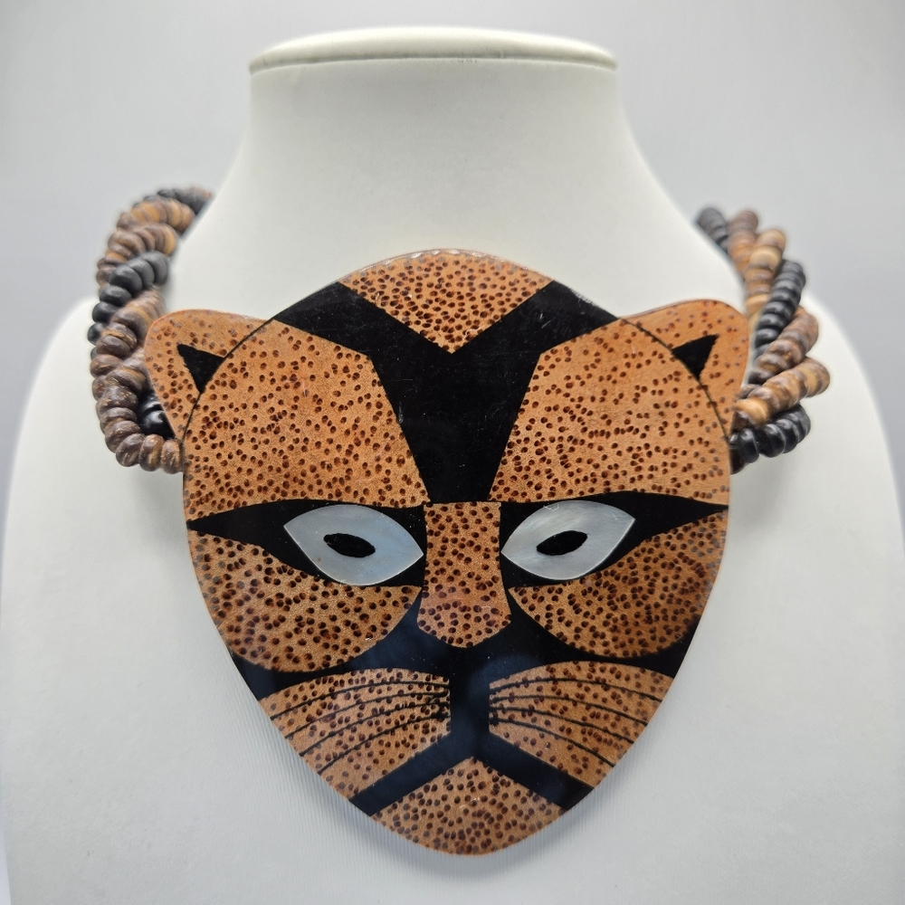 Cheetah Pendant Necklace Inlay Beaded Coconut Mother Of Pearl Boho Bohemian Vtg - Picture 4 of 4